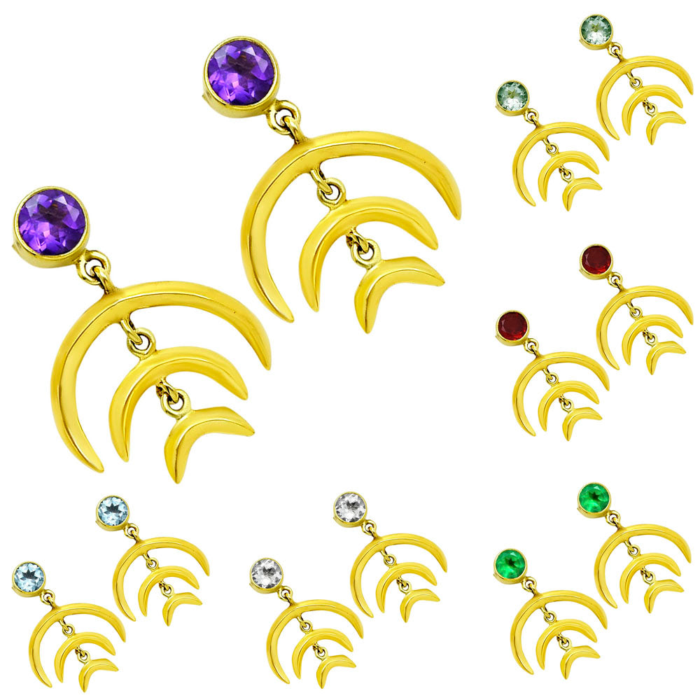 Celestial Triple Crescent Moon Gemstone Earrings 18K Gold Plated TGE1002 EM-1249