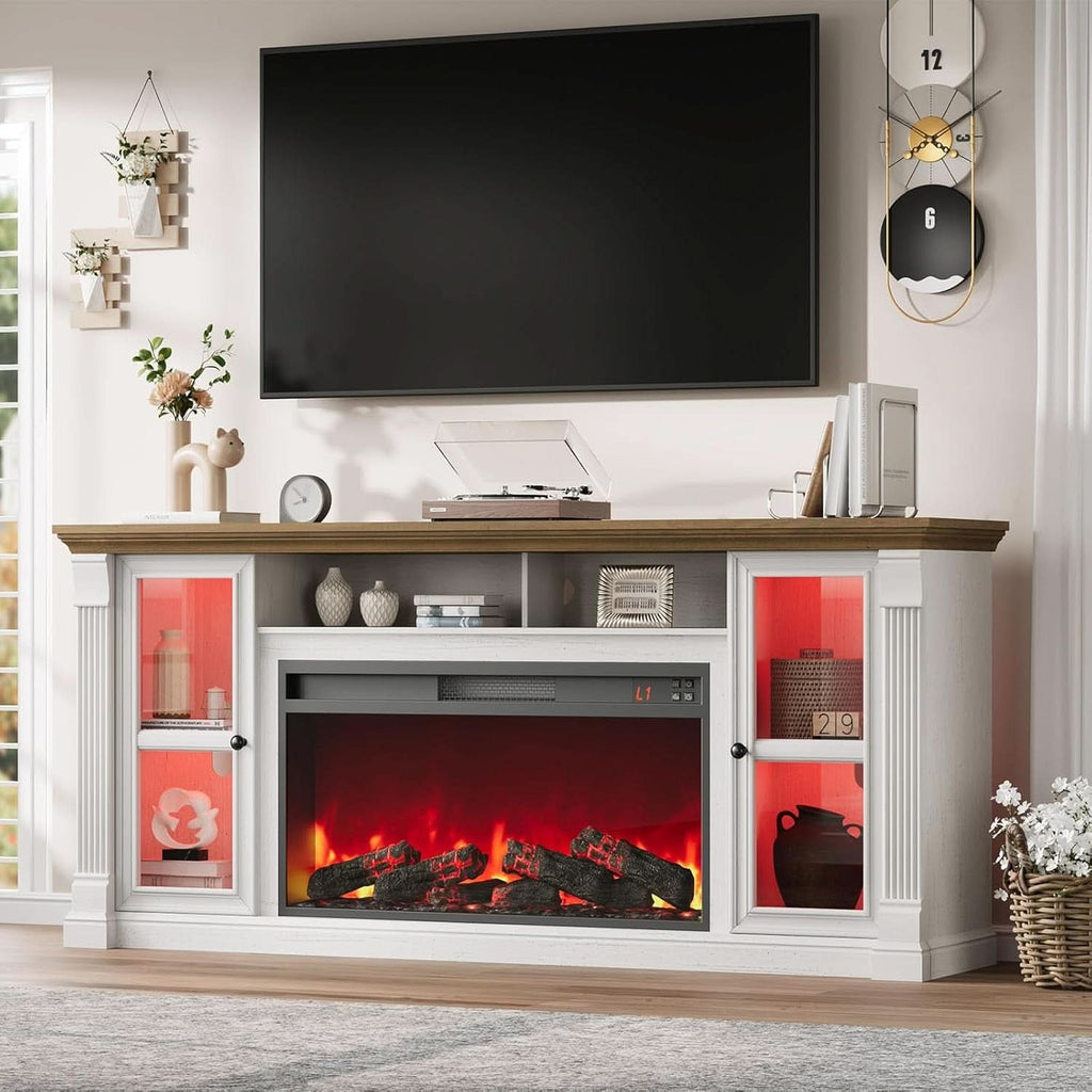 Antique White Seventy Inch TV Stand Electric Fireplace Console