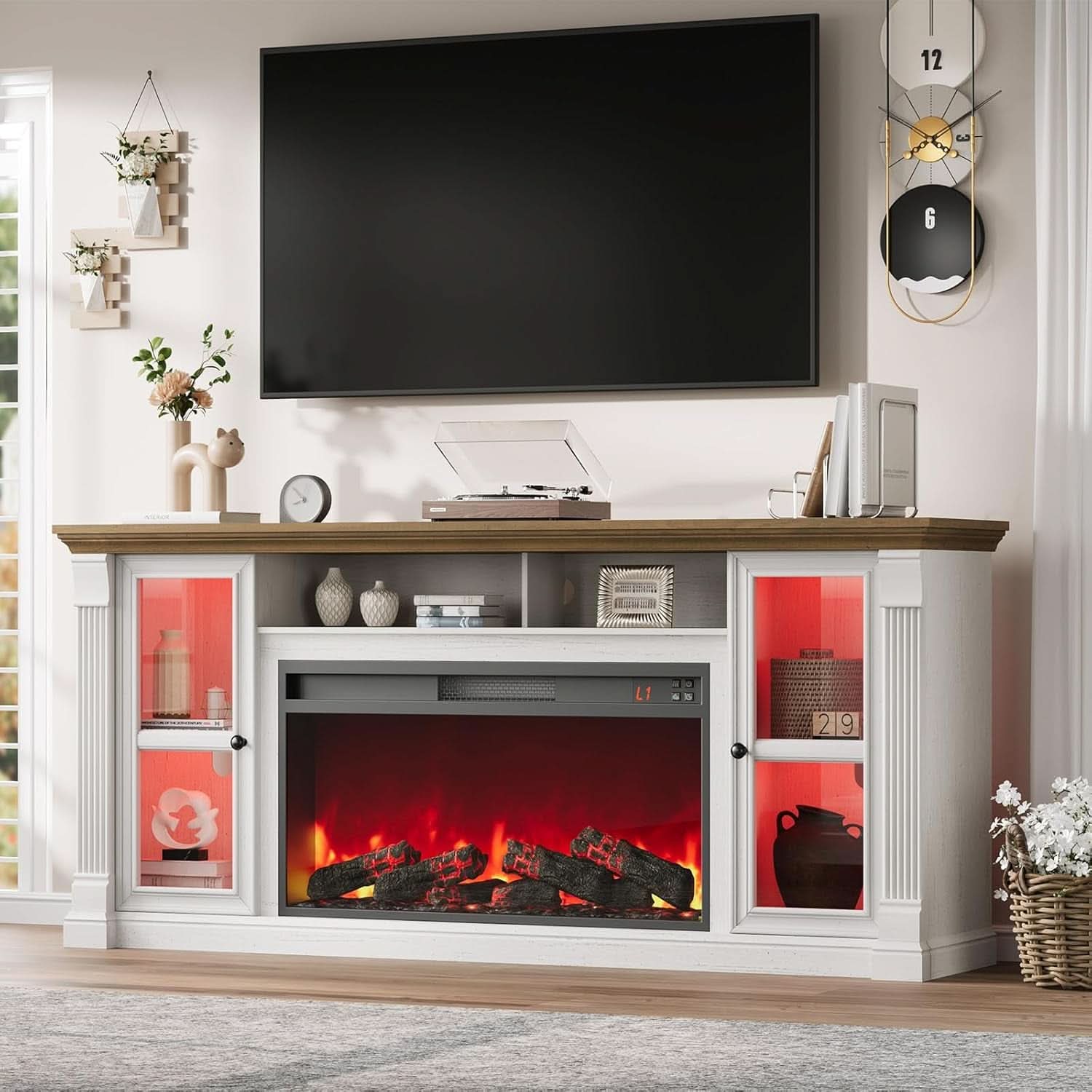 Antique White Seventy Inch TV Stand Electric Fireplace Console